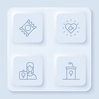 Set line Condom in package Feminism Feminist activist and Debate podium rostrum. White square button. Vector.