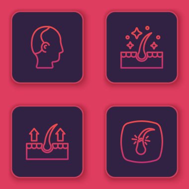 Set line Baldness Human hair follicle Oil for care treatment and Broken. Blue square button. Vector.