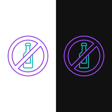 Beyaz ve siyah arkaplanda alkol ikonu yok. Alkol içmeyi yasaklıyorum. Bira şişesi camlı yasak sembol. Renkli taslak konsepti. Vektör.