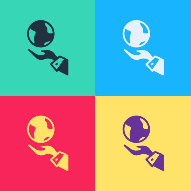 Pop art Human hands holding Earth globe icon isolated on color background. Save earth concept. Vector.