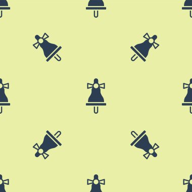 Blue Merry Christmas ringing bell icon isolated seamless pattern on yellow background. Alarm symbol, service bell, handbell sign, notification. Vector.