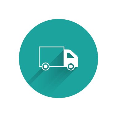 White Delivery cargo truck vehicle icon isolated with long shadow background. Green circle button. Vector.