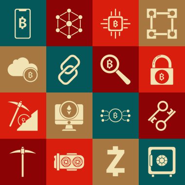 Set Safe Cryptocurrency key Lock with bitcoin CPU mining farm Chain link cloud Phone mobile and cryptocurrency Bitcoin and Magnifying glass icon. Vector.