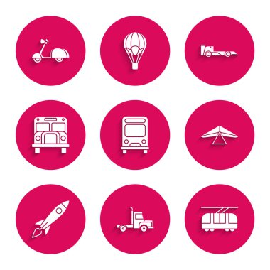 Set Bus Delivery cargo truck vehicle Tram and railway Hang glider Rocket ship with fire School Formula race and Scooter icon. Vector.