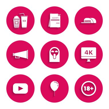 Set Funny and scary ghost mask Balloon with ribbon Under 18 years Computer PC monitor 4k video technology Play Megaphone Cap inscription director and Popcorn soda drink glass icon. Vector.