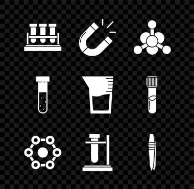 Set Test tube and flask chemical Magnet Bacteria Chemical formula on stand Tweezers and Laboratory glassware beaker icon. Vector.