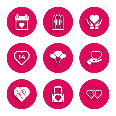 Set Balloons in form of heart Lock and Two Linked Hearts hand Candy shaped box and Calendar with icon. Vector.