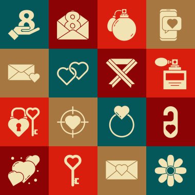 Set Flower Please do not disturb with heart Perfume Two Linked Hearts Envelope 8 March on hand and Breast cancer awareness ribbon icon. Vector.