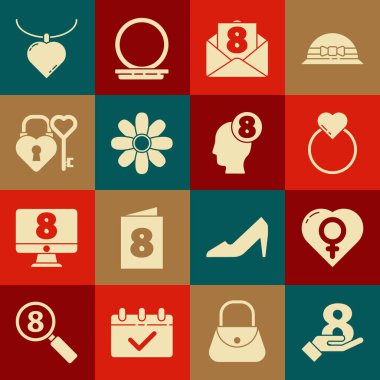 Set 8 March on hand Female gender in heart Wedding rings Envelope with Flower Castle key shape Necklace shaped pendant and human head icon. Vector.