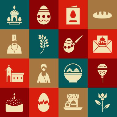 Set Flower tulip Balloons with ribbon Greeting card Happy Easter Willow leaf Priest cake and eggs and paint brush icon. Vector.