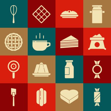 Set Candy Bag of flour Homemade pie Coffee cup Kitchen whisk and Cake icon. Vector.