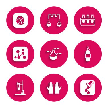 Set Test tube and flask Medical rubber gloves Propane gas tank on fire Chemical formula and Salt stone icon. Vector.