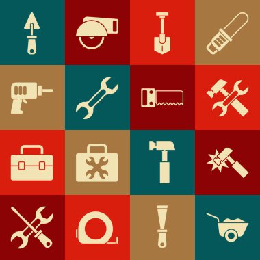 Set Wheelbarrow Hammer and wrench Shovel Wrench spanner Electric drill machine Trowel and Hand saw icon. Vector.
