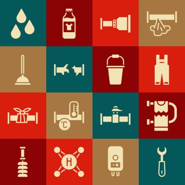 Set Wrench spanner Heated towel rail Work overalls Pipe adapter Broken pipe Rubber plunger Water drop and Bucket icon. Vector.