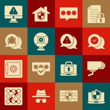 Set Laptop protected with shield Security camera Check mark in speech bubble Password protection System bug Monitor exclamation and Exclamation triangle icon. Vector.