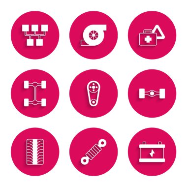 Set Timing belt kit Shock absorber Car battery Chassis car tire wheel First aid and warning triangle and Gear shifter icon. Vector.