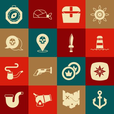 Set Anchor Wind rose Lighthouse Antique treasure chest Location pirate Skull Compass and Pirate sword icon. Vector.