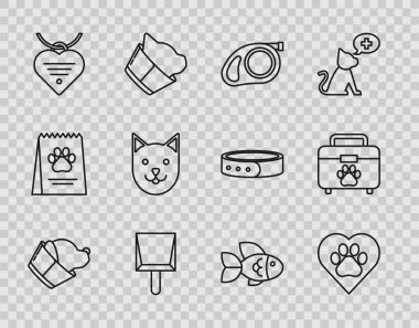 Set line Veterinary clinic symbol Heart with animals footprint Retractable cord leash carabiner Dustpan Collar name tag and heart Cat Fish and Pet first aid kit icon. Vector.