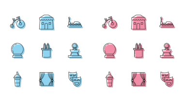 Set line Paper glass with drinking straw and water Vintage bicycle one big wheel one small Comedy theatrical masks Magician hat rabbit ears Attraction carousel ball and Circus tent icon. Vector.