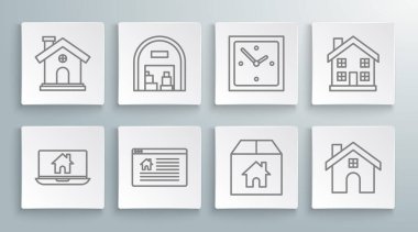 Set line Laptop and smart home Warehouse Hanging sign with text Online Sale Cardboard box House Clock Home symbol and icon. Vector.