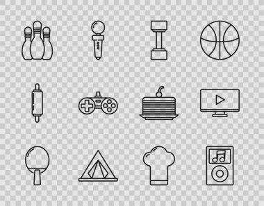 Set line Racket for playing table tennis Music player Dumbbell Tourist tent Bowling pin Gamepad Chef hat and Online video icon. Vector.
