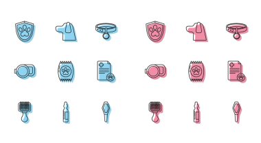 Set line Hair brush for dog and cat Pets vial medical Animal health insurance Bag of food pet Clipboard with clinical record Retractable leash and Dog icon. Vector.