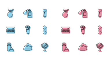 Set line Shaving gel foam Hairdresser pistol spray bottle Round makeup mirror Electric razor blade for men Classic Barber shop pole Barbershop and Aftershave with atomizer icon. Vector.