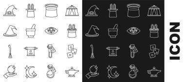 Set line Magic lamp or Aladdin Game dice Magician hat and rabbit ears mortar pestle Witch and Pentagram icon. Vector.