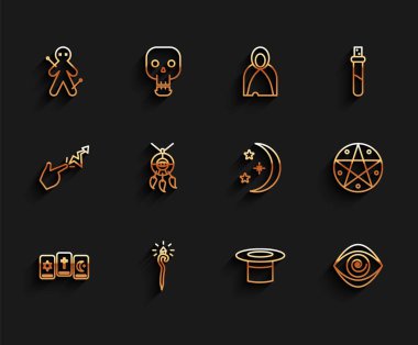 Set line Three tarot cards Magic staff Voodoo doll Magician hat Hypnosis Dream catcher with feathers Pentagram in circle and Moon and stars icon. Vector.