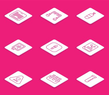 Set line Periodic table Test tube and flask Propane gas tank Certificate template Pipette Chemistry book Triangle warning toxic and icon. Vector.