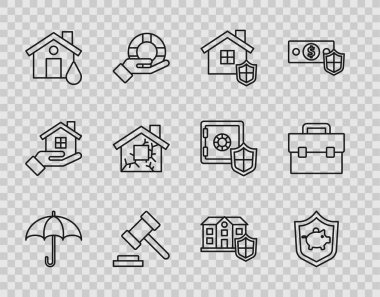 Set line Umbrella Piggy bank with shield House Judge gavel flood and Briefcase icon. Vector.