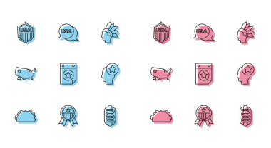 Set line Taco with tortilla Medal star Shield stars Hotdog sandwich Calendar date July 4 USA Head map and Independence day icon. Vector.