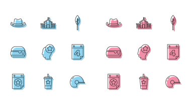 Set line Calendar with date July 4 Paper glass straw Western cowboy hat Baseball helmet USA Head Burger and United States Capitol Congress icon. Vector.