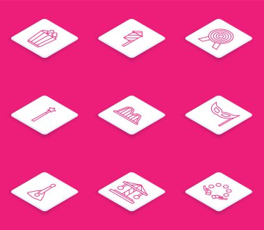 Set line Popcorn in box Firework rocket Target Magic wand Roller coaster Festive mask Balalaika and Attraction carousel icon. Vector.