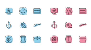 Set line Wind rose Wooden barrel Skull Antique treasure chest Vintage pistol Anchor and Ship porthole with seascape icon. Vector.