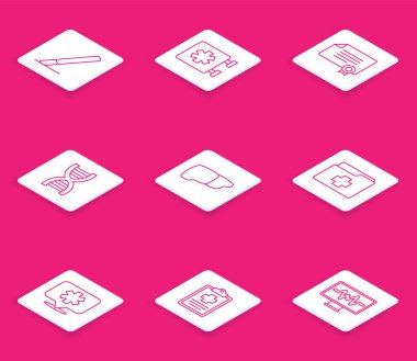 Set line Surgery scalpel Emergency - Star of Life Certificate template DNA symbol Human organ liver Patient record Location hospital and icon. Vector.