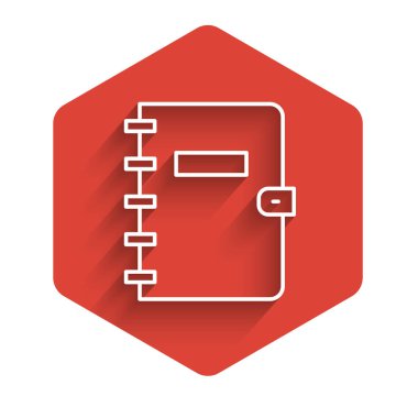 White line Notebook icon isolated with long shadow. Spiral notepad icon. School notebook. Writing pad. Diary for school. Red hexagon button. Vector.