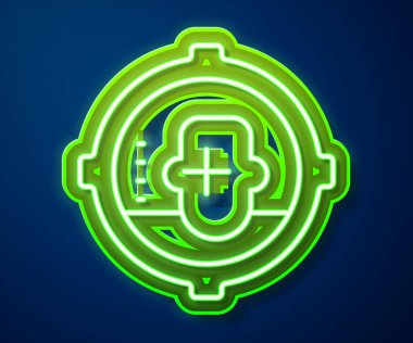 Parlayan neon hattı vesikalığı mavi arkaplanda izole edildi. Keskin nişancı ve nişancı adamın kafasına ateş ediyor. Ölümcül saldırı, saldırı ve suikast. Vektör.