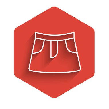 Beyaz çizgi etek simgesi uzun gölge arkaplan izole. Kırmızı altıgen düğmesi. Vektör.