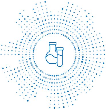 Mavi çizgi test tüpü ve beyaz arka planda izole edilmiş kimyasal test ikonu. Laboratuvar cam levhası. Soyut çember rastgele noktalar. Vektör.