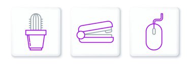Set line Computer mouse Cactus and succulent in pot and Office stapler icon. Vector.