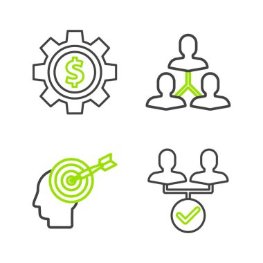 Set line Project team base Head hunting concept and Gear with dollar symbol icon. Vector.