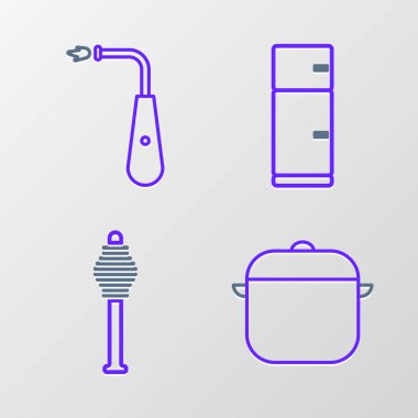 Set line Cooking pot Honey dipper stick Refrigerator and Long electric lighter icon. Vector.