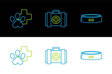 Set line Pet food bowl Veterinary clinic symbol and first aid kit icon. Vector.