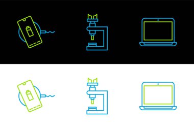 Set line Laptop Wireless charger and Microscope icon. Vector.