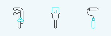 Set line Paint roller brush Clamp tool and icon. Vector.