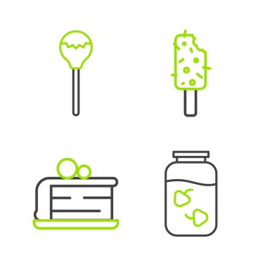 Set line Strawberry jam jar Piece of cake Ice cream and Lollipop icon. Vector.