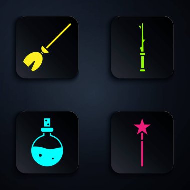 Set Magic wand, Witches broom, Bottle with love potion and Magic wand. Black square button. Vector.