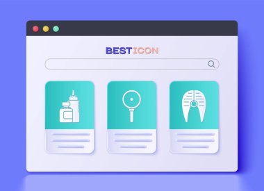 Set Frying pan, Sauce bottle and Fish steak icon. Vector.