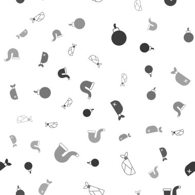 Set Bomb ready to explode, Pirate bandana for head, and Smoking pipe on seamless pattern. Vector.